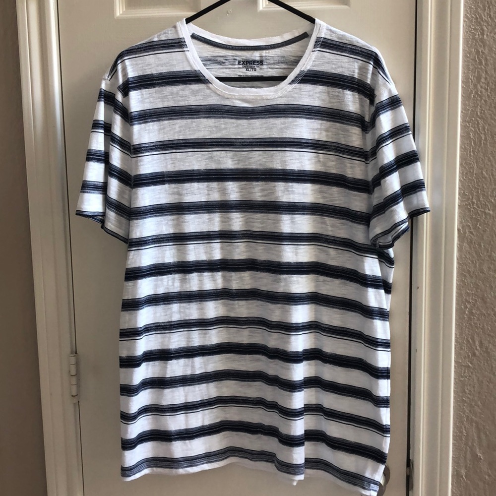 Express Men's Crew Neck T-Shirt White Navy Striped Short Sleeve Size XL